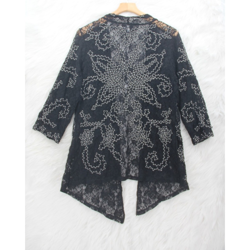Once Again Open Front Top L Cardigan Embroidery Black Floral Whimsygoth Witchy - Picture 2 of 14